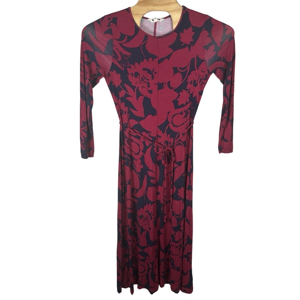 Boden Lucy Jersey Midi Dress Size 10Long Pink Blue Floral Long Sleeve Tie Waist